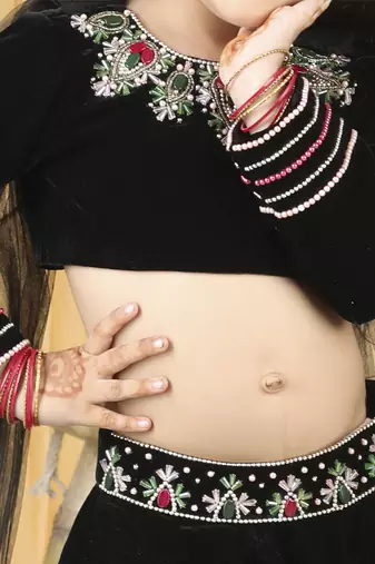 Black stone work hand embroidery lehenga set