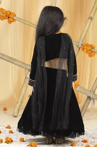 Black stone work hand embroidery lehenga set