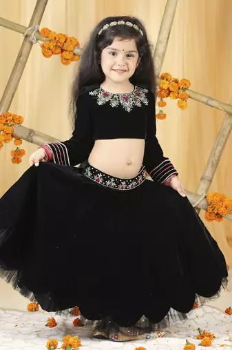 Black stone work hand embroidery lehenga set
