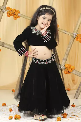 Black stone work hand embroidery lehenga set