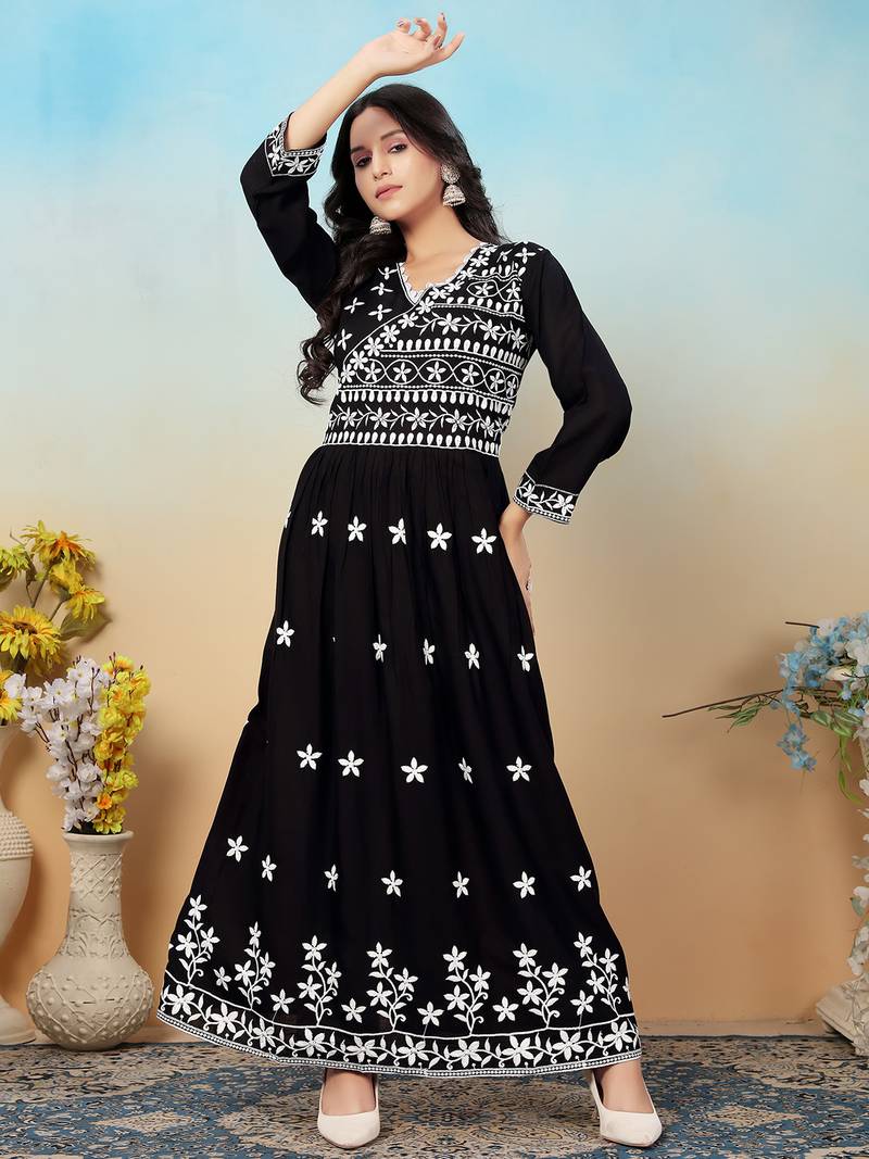 women's black heavy rayon chikankari gown pant set | lucknowi embroidery | festive & casual ethnic wear