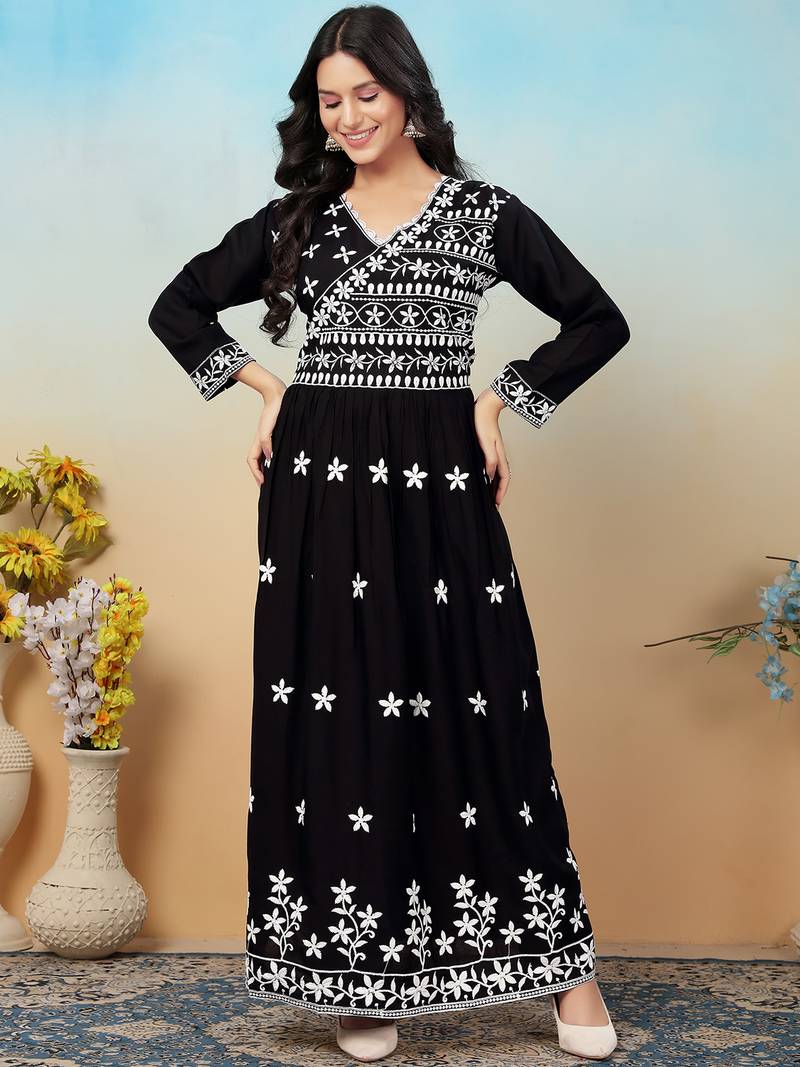 women's black heavy rayon chikankari gown pant set | lucknowi embroidery | festive & casual ethnic wear