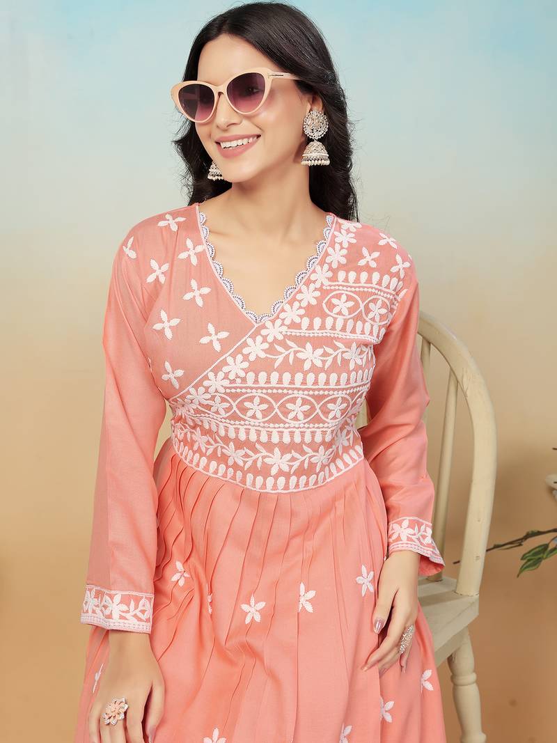 women's peach heavy rayon chikankari gown pant set | lucknowi embroidery | festive & casual ethnic wear
