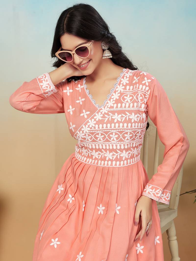 women's peach heavy rayon chikankari gown pant set | lucknowi embroidery | festive & casual ethnic wear