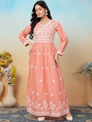 women's peach heavy rayon chikankari gown pant set | lucknowi embroidery | festive & casual ethnic wear 4