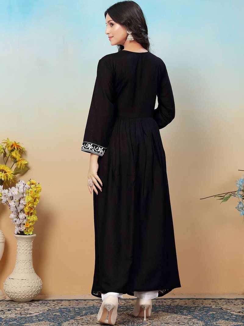 women's black heavy rayon chikankari gown pant set | lucknowi embroidery | festive & casual ethnic wear