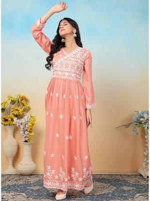 women's peach heavy rayon chikankari gown pant set | lucknowi embroidery | festive & casual ethnic wear 5