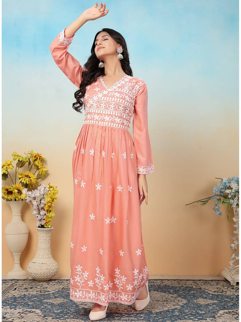 women's peach heavy rayon chikankari gown pant set | lucknowi embroidery | festive & casual ethnic wear