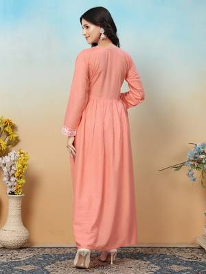 women's peach heavy rayon chikankari gown pant set | lucknowi embroidery | festive & casual ethnic wear 6