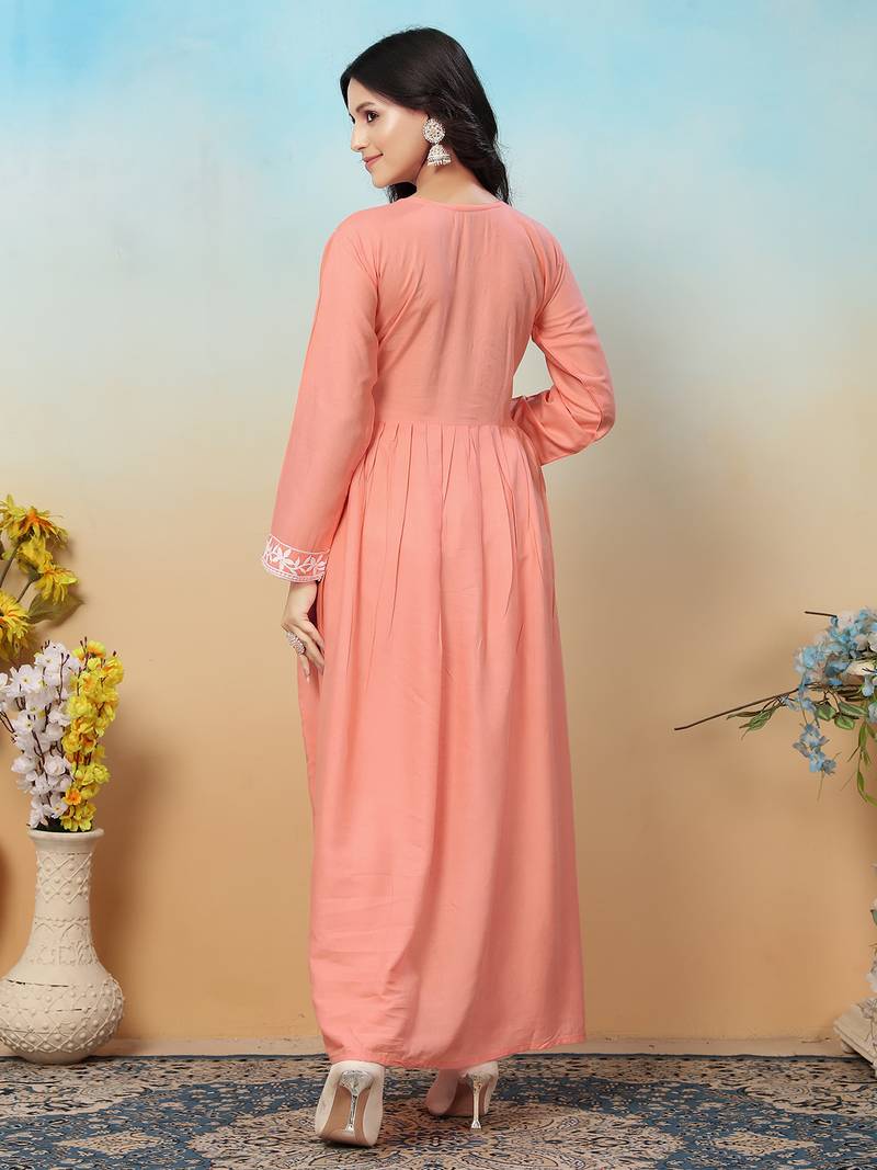 women's peach heavy rayon chikankari gown pant set | lucknowi embroidery | festive & casual ethnic wear