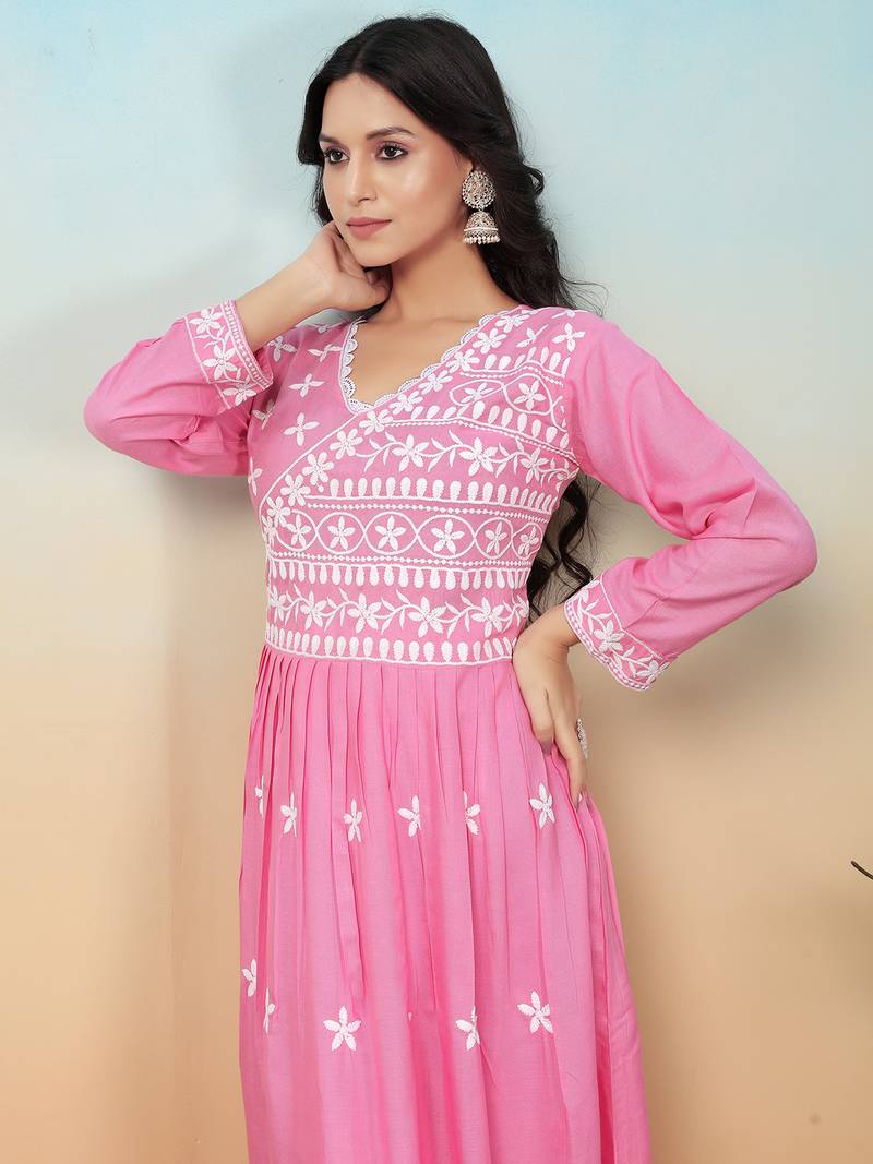 women's pink heavy rayon chikankari gown pant set | lucknowi embroidery | festive & casual ethnic wear
