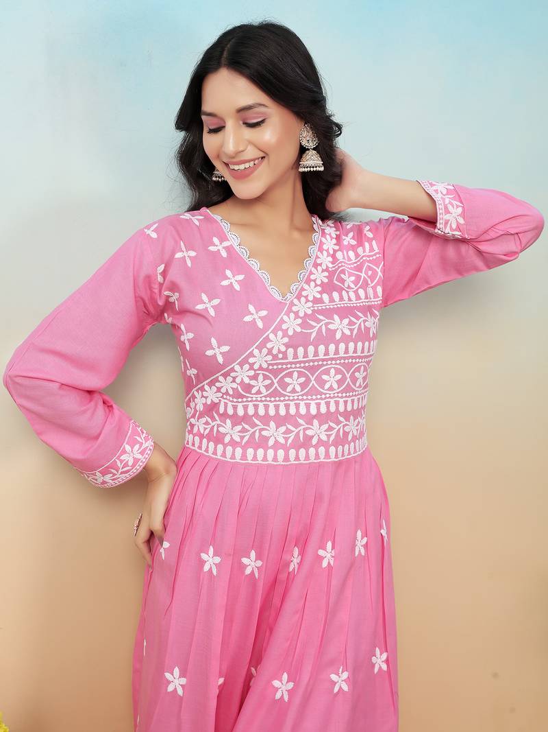 women's pink heavy rayon chikankari gown pant set | lucknowi embroidery | festive & casual ethnic wear
