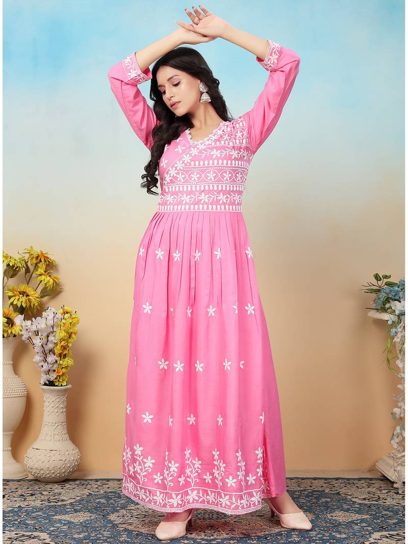 women's pink heavy rayon chikankari gown pant set | lucknowi embroidery | festive & casual ethnic wear