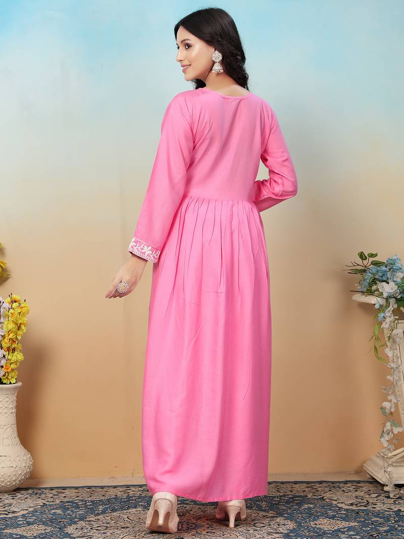 women's pink heavy rayon chikankari gown pant set | lucknowi embroidery | festive & casual ethnic wear