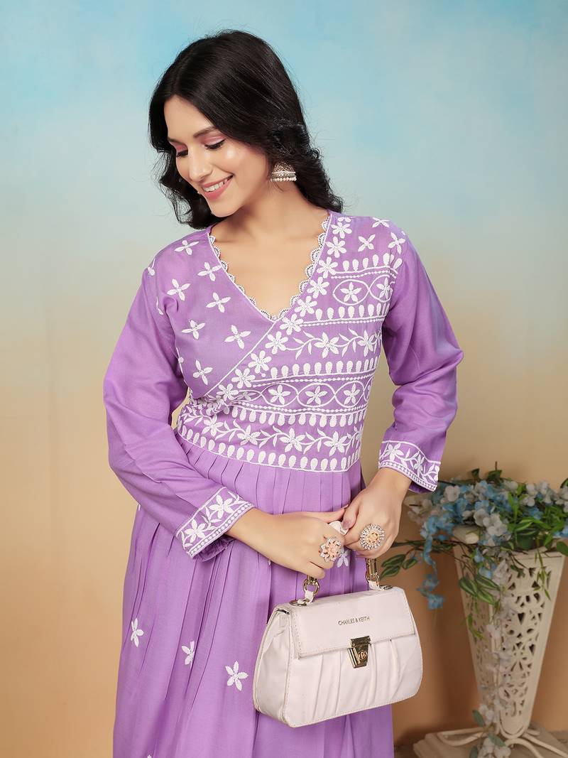 women's purple heavy rayon chikankari gown pant set | lucknowi embroidery | festive & casual ethnic wear