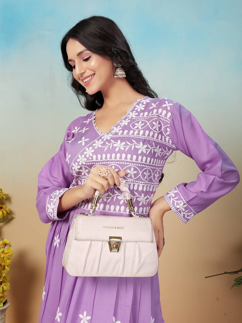 women's purple heavy rayon chikankari gown pant set | lucknowi embroidery | festive & casual ethnic wear