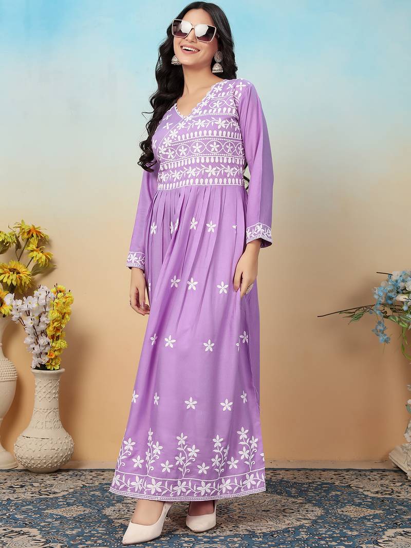 women's purple heavy rayon chikankari gown pant set | lucknowi embroidery | festive & casual ethnic wear