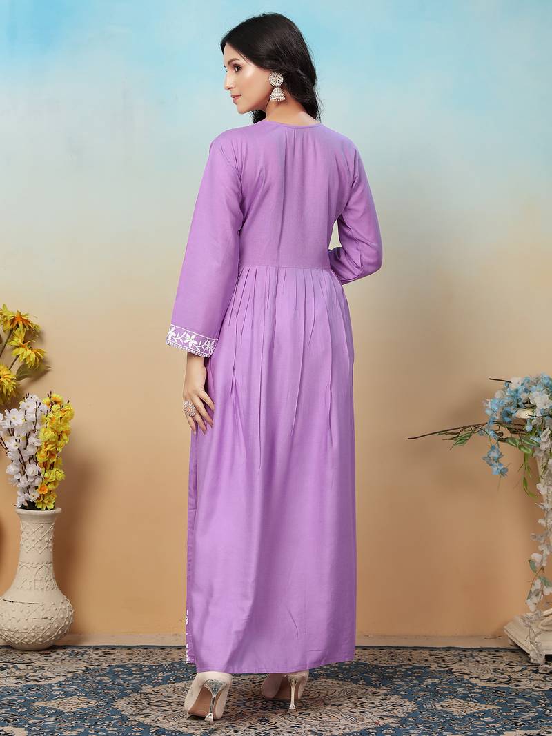 women's purple heavy rayon chikankari gown pant set | lucknowi embroidery | festive & casual ethnic wear
