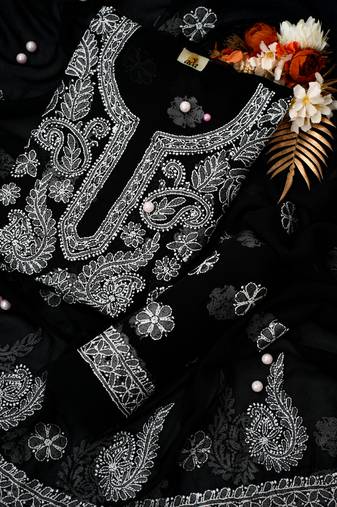 Hand embroidered black georgette lucknowi chikankari unstitched suit set