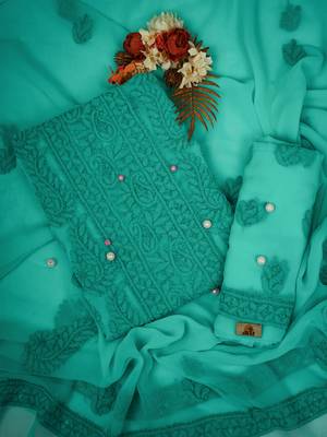 Hand embroidered sea green georgette lucknowi chikankari unstitched suit piece 1