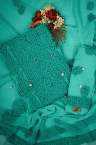 Hand embroidered sea green georgette lucknowi chikankari unstitched suit piece