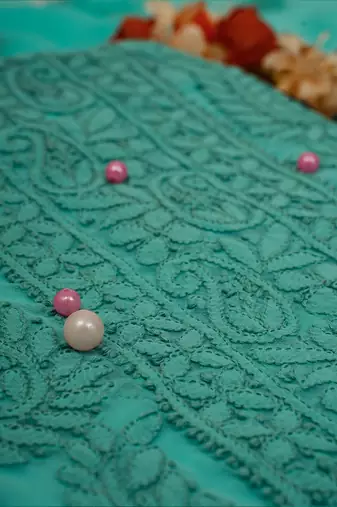 Hand embroidered sea green georgette lucknowi chikankari unstitched suit piece