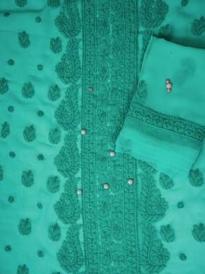 Hand embroidered sea green georgette lucknowi chikankari unstitched suit piece 3
