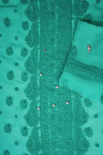 Hand embroidered sea green georgette lucknowi chikankari unstitched suit piece