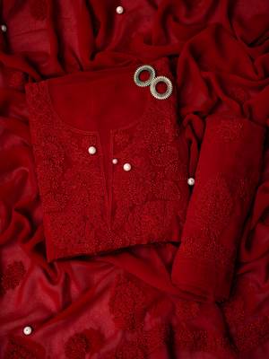 Hand embroidered red georgette lucknowi chikan unstitched suit piece 1