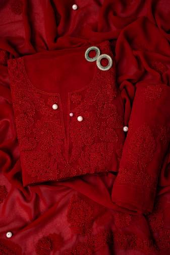 Hand embroidered red georgette lucknowi chikan unstitched suit piece