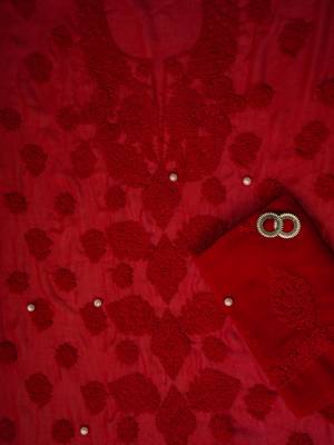 Hand embroidered red georgette lucknowi chikan unstitched suit piece 2