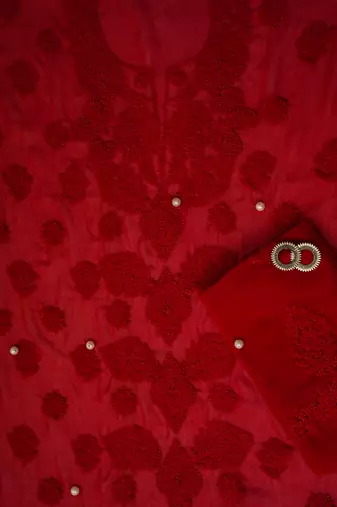Hand embroidered red georgette lucknowi chikan unstitched suit piece