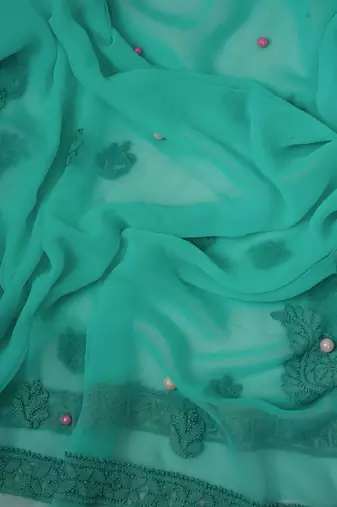 Hand embroidered sea green georgette lucknowi chikankari unstitched suit piece