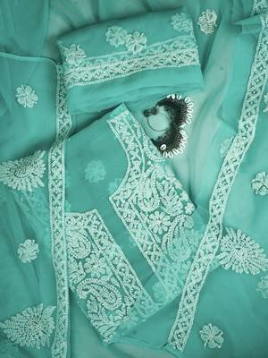 Hand embroidered sea green georgette lucknowi chikankari unstitched suit piece 1
