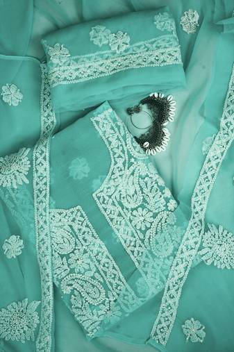 Hand embroidered sea green georgette lucknowi chikankari unstitched suit piece