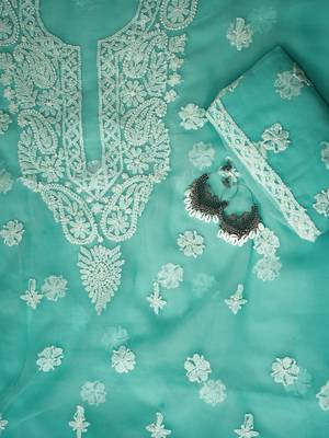 Hand embroidered sea green georgette lucknowi chikankari unstitched suit piece 2