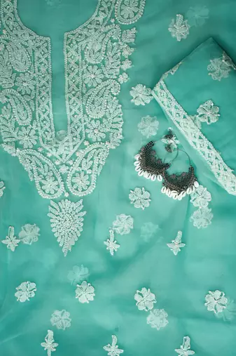 Hand embroidered sea green georgette lucknowi chikankari unstitched suit piece