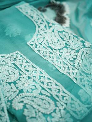 Hand embroidered sea green georgette lucknowi chikankari unstitched suit piece 3
