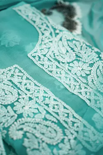 Hand embroidered sea green georgette lucknowi chikankari unstitched suit piece
