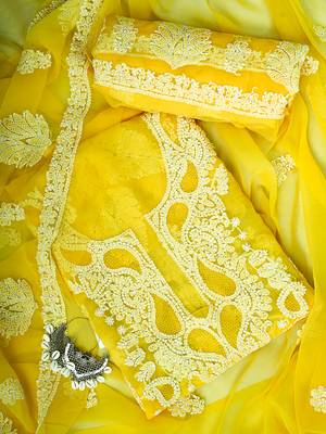 Hand embroidered yellow georgette lucknowi chikankari unstitched suit piece 1