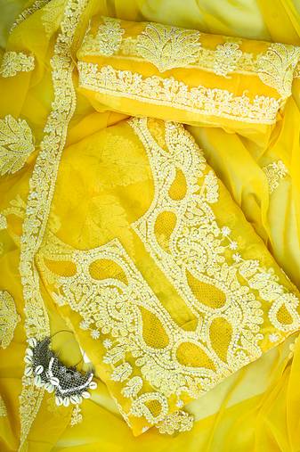 Hand embroidered yellow georgette lucknowi chikankari unstitched suit piece