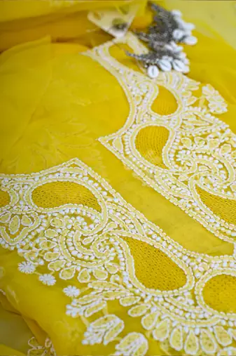 Hand embroidered yellow georgette lucknowi chikankari unstitched suit piece