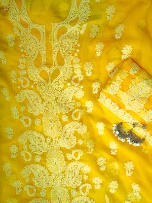 Hand embroidered yellow georgette lucknowi chikankari unstitched suit piece 3