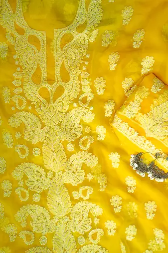 Hand embroidered yellow georgette lucknowi chikankari unstitched suit piece
