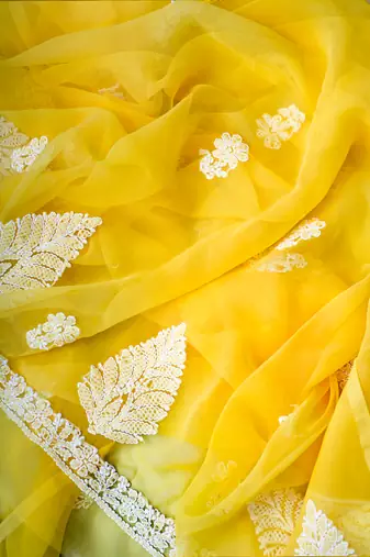 Hand embroidered yellow georgette lucknowi chikankari unstitched suit piece