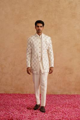 White indowestern embroidered with thread and pearl on silk 1