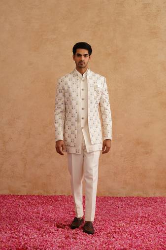 White indowestern embroidered with thread and pearl on silk