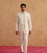 White indowestern embroidered with thread and pearl on silk