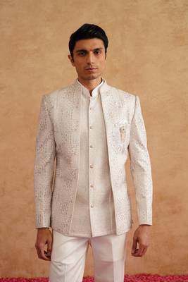 White thread embroidered short indowestern on silk 1