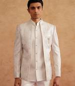 White thread embroidered short indowestern on silk